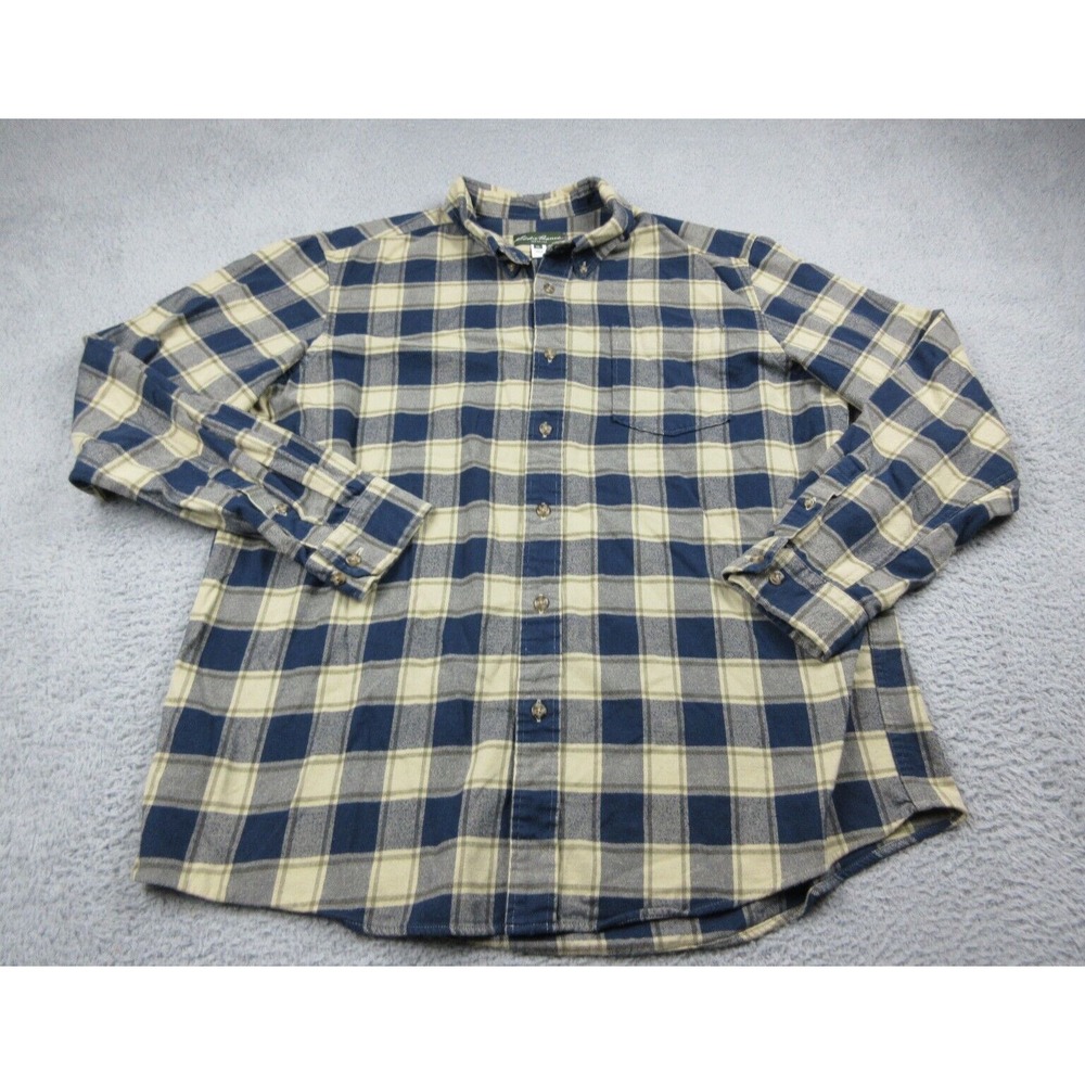Eddie Bauer Shirt Mens XL Blue Plaid Cotton Flannel Long Sleeve Button Front
